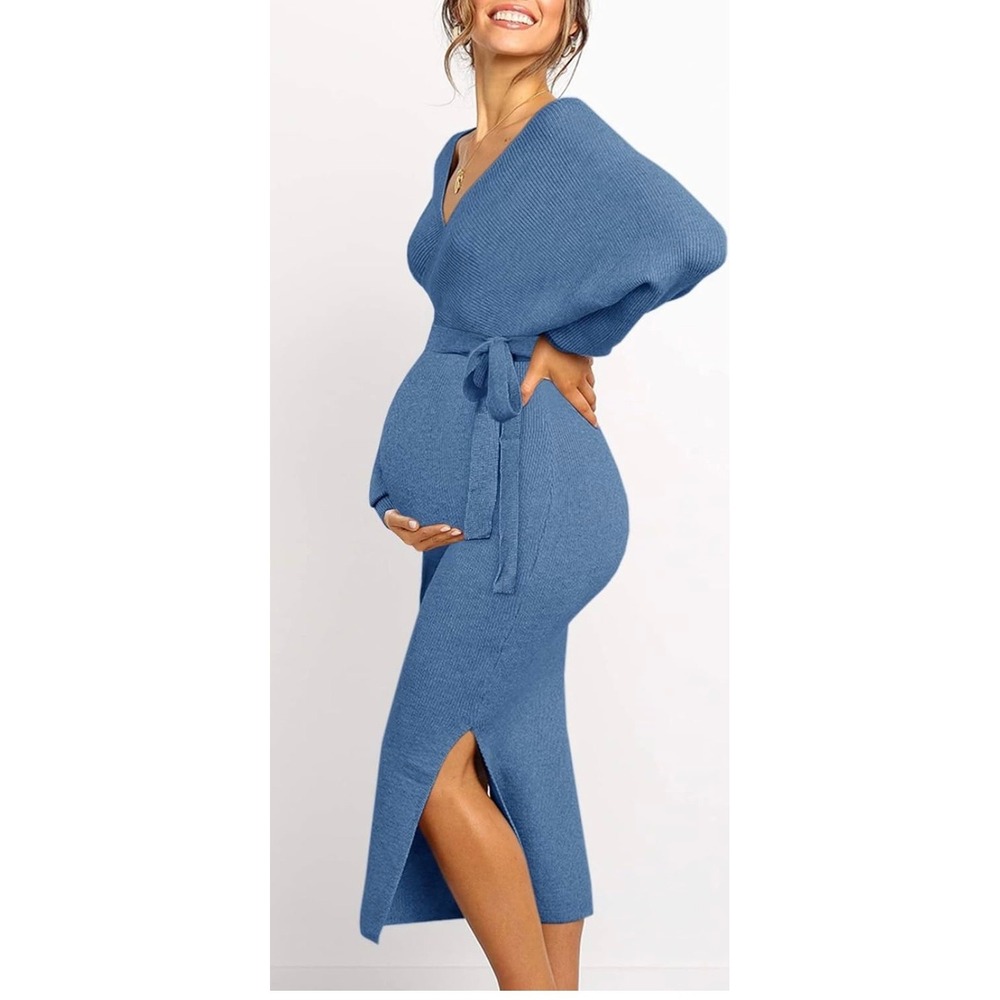 NWOT Maternity/Nursing Wrap Sweater Dress Long Sleeve Belted Blue Knit Midi Slit